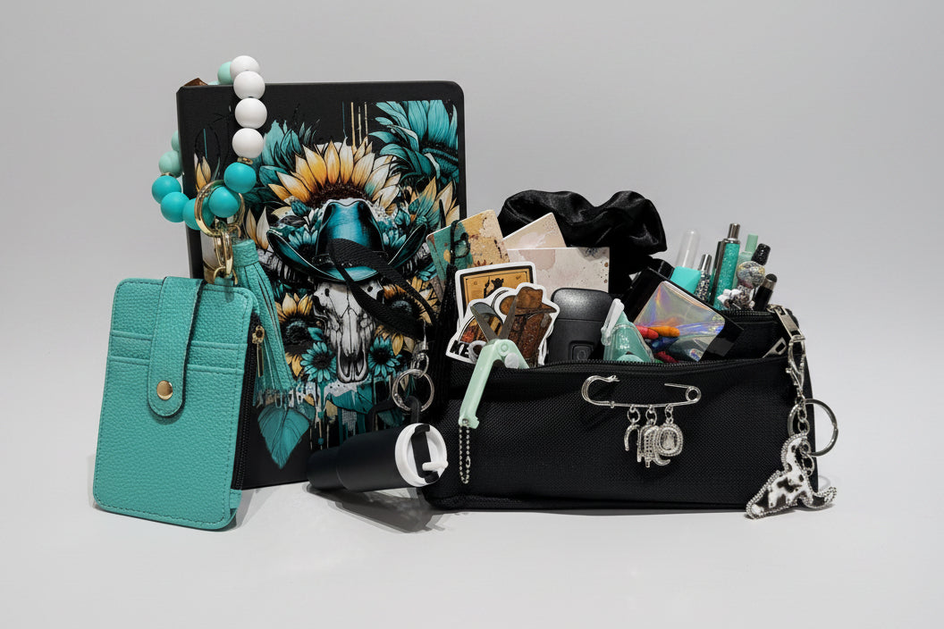 A styled flat-lay of a black canvas organizer pouch filled with stationery and accessories, next to a turquoise leather card holder and a black notebook with a colorful skull graphic, set against a background of white storage drawers filled with colorful pens.