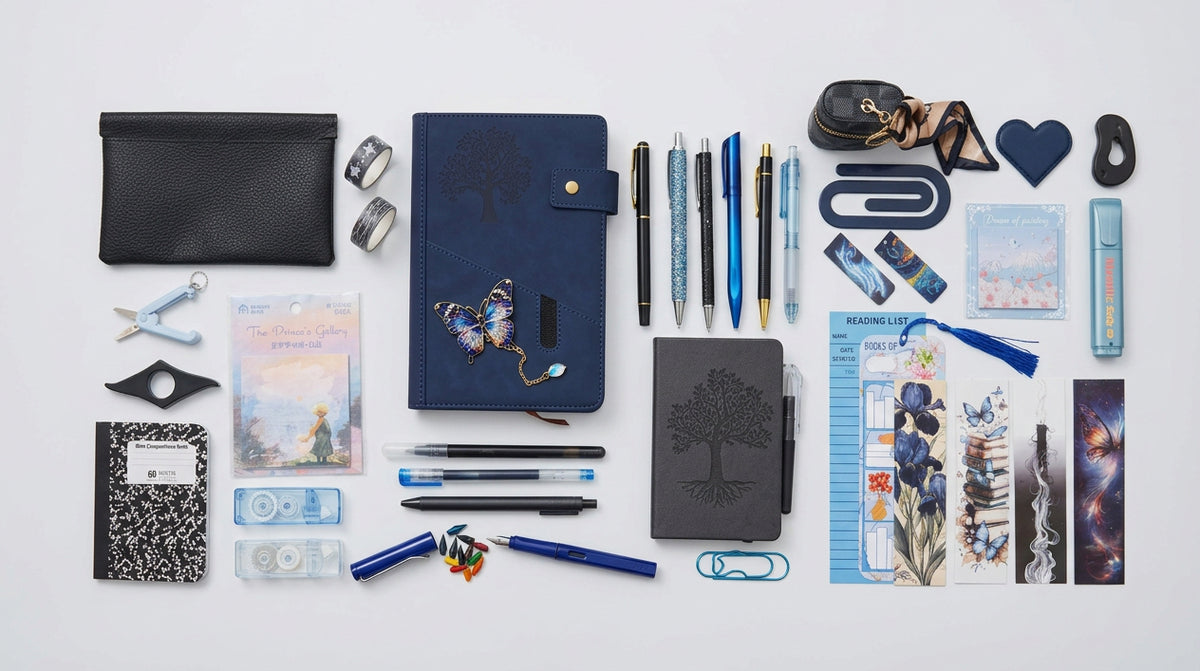 A flat-lay display of various stationery and desk accessories, including notebooks, pens, a tablet sleeve, clips, and small accessories, arranged on a white desk in front of a storage organizer.