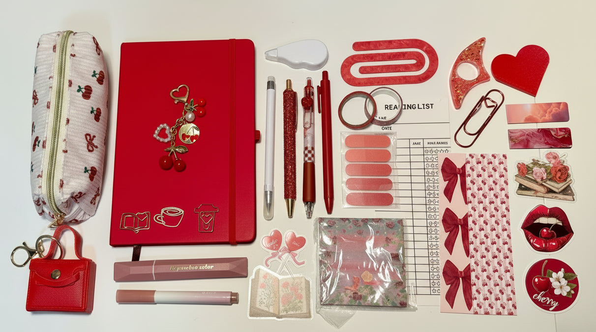 Collection of red stationery items including a notebook, pens, and decorative elements on a white surface.