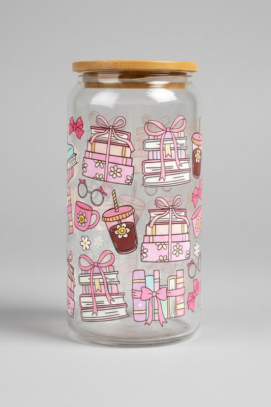 Glass jar with pink gift box pattern on a wooden surface outdoors
