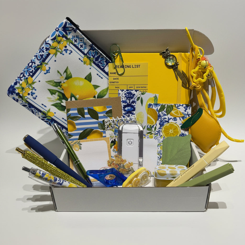 lemon themed stationary bundle with blues, greens and yellows. includes journal, pens bookmarks, book light, bag charm and more