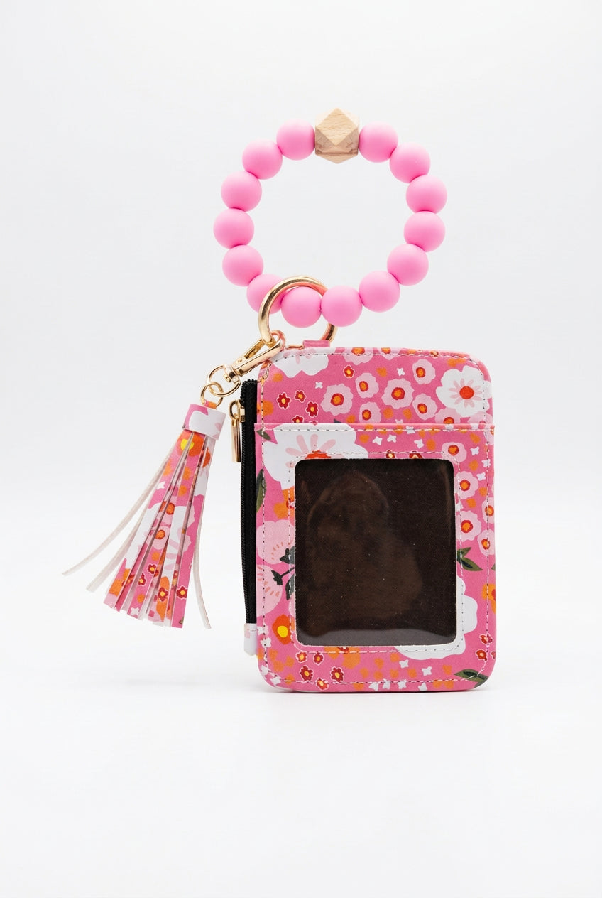 Pink floral silicone wristlet card holder