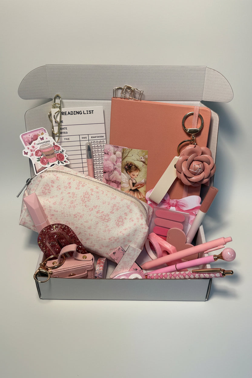 Collection of pink stationery items including a pouch, pens, and keychains on a desk.