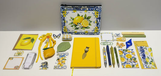 lemon themed stationary bundle with blues, greens and yellows. includes journal, pens bookmarks, book light, bag charm and more