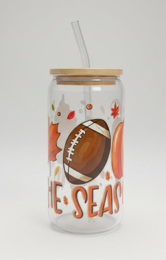 fall  themed cup with football, pumpkin and leaves