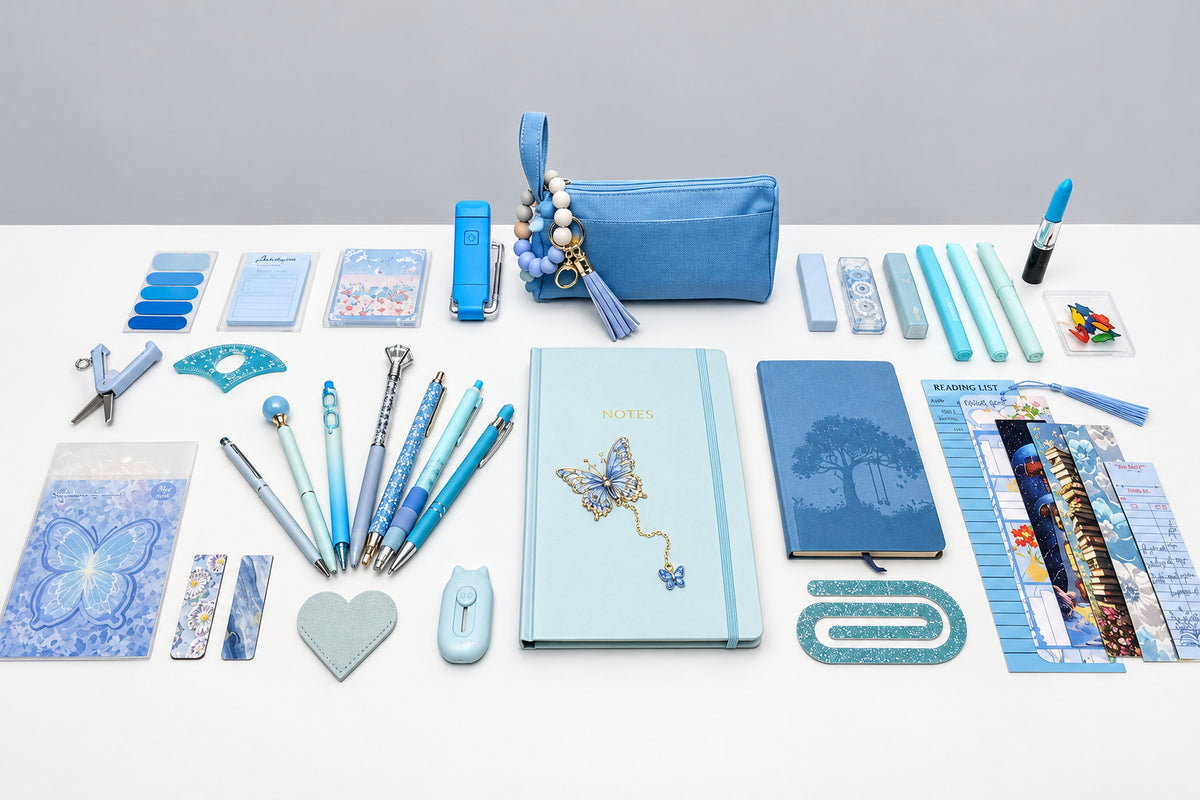 arctic icy blue colored stationary with notebook, pens, book light, 