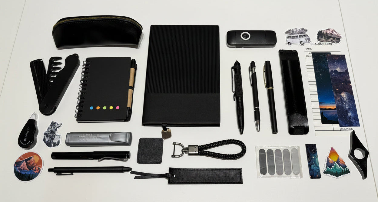 Collection of stationery items including notebooks, pens, and phone cases on a white surface.