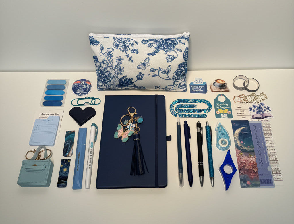 blue Stationery items including pens, notebooks, and decorative elements on a white surface with storage drawers in the background.