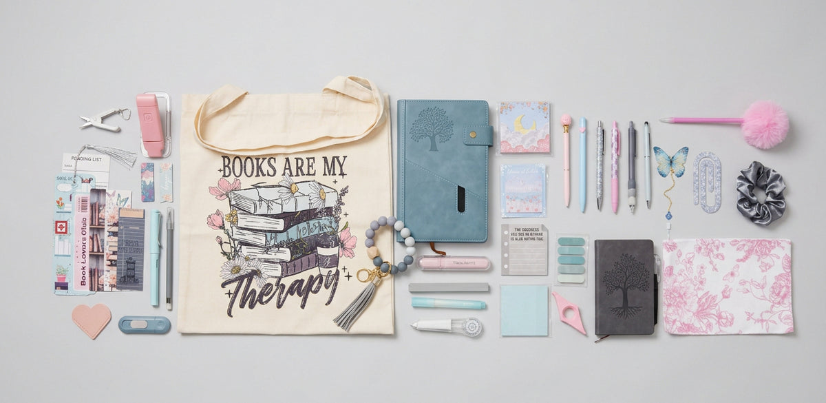 blue, grey and pink stationary set wtih books are my therapy book bag