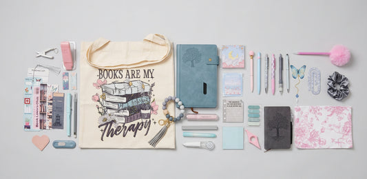 blue, grey and pink stationary set wtih books are my therapy book bag