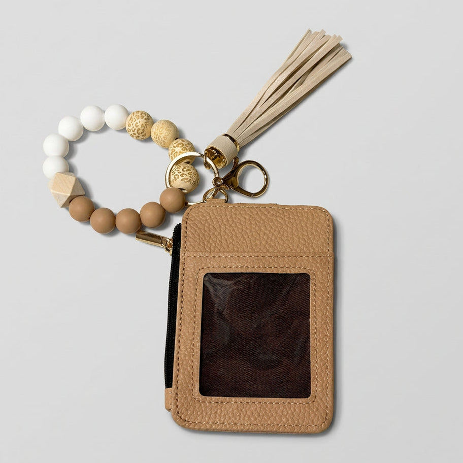 Brown silicone bead wristlet with card holder