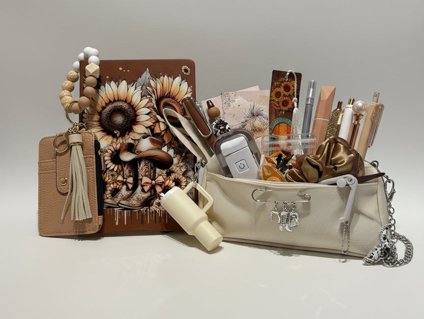 A beige and brown stationery and accessory organizer set displayed on a white surface in front of clear plastic storage drawers filled with colorful pens and supplies. The set includes a floral notebook, a tan wallet with a tassel, a cream pouch, and various matching stationery items.