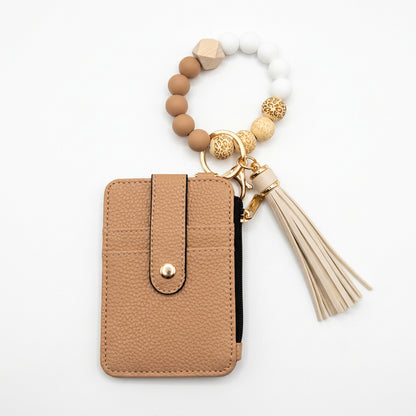Brown silicone bead wristlet with card holder