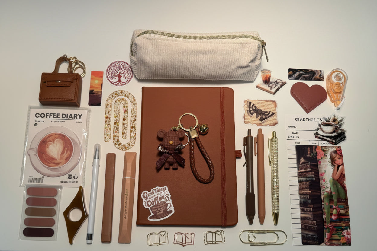 Collection of brown stationery items including a brown notebook, keychain, and various small objects on a white surface.