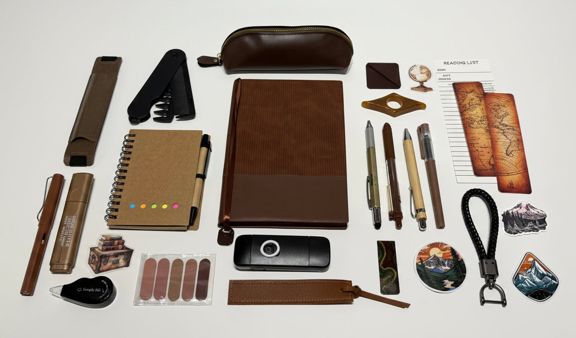 Collection of stationery items including notebooks, pens, and other office supplies on a white surface.