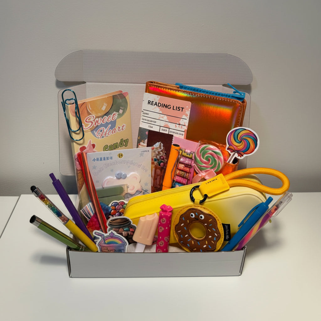 Assorted stationery items including pencils, scissors, and a small bag in a box on a white surface.
