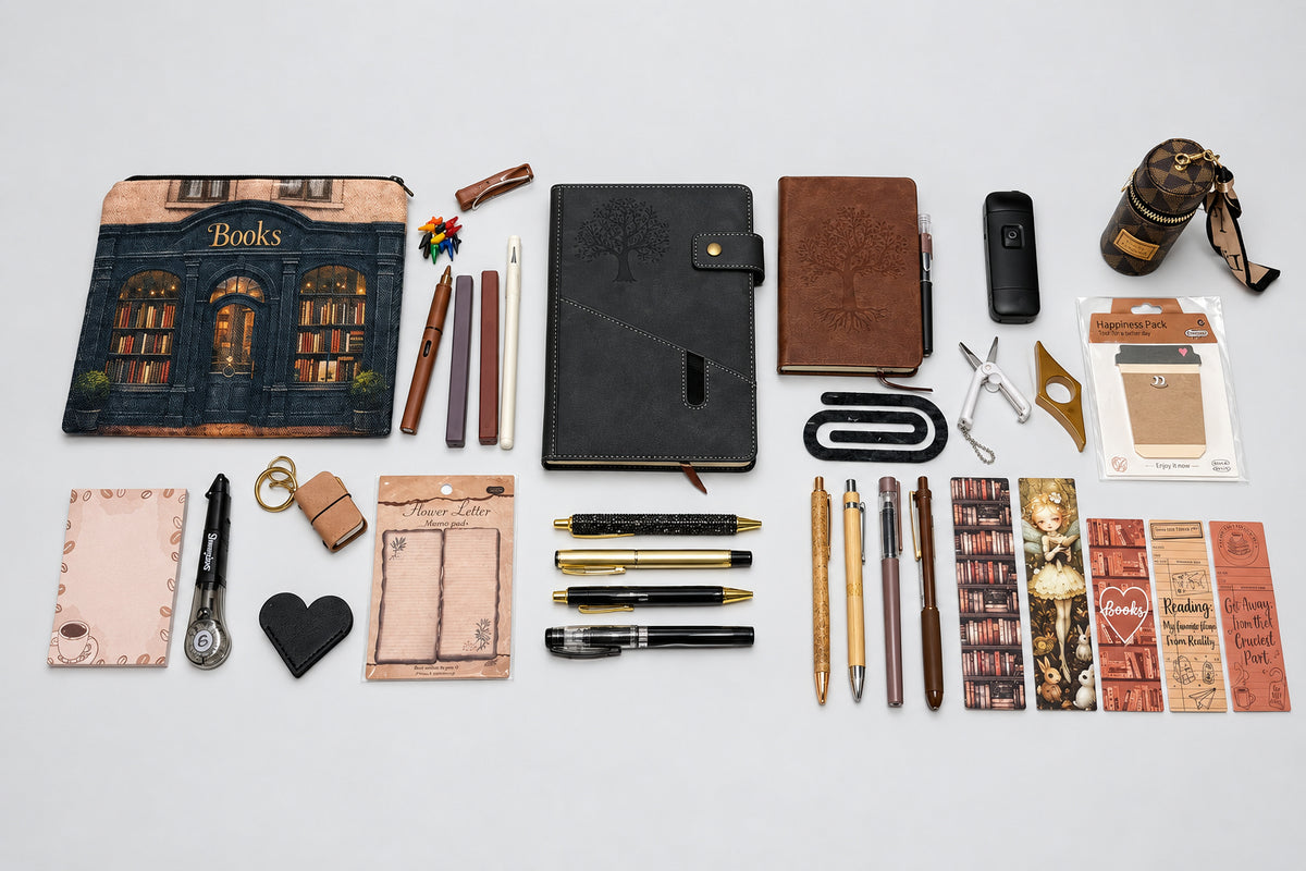 charcoal and brown stationary set with notebooks, pens and stationary accessories