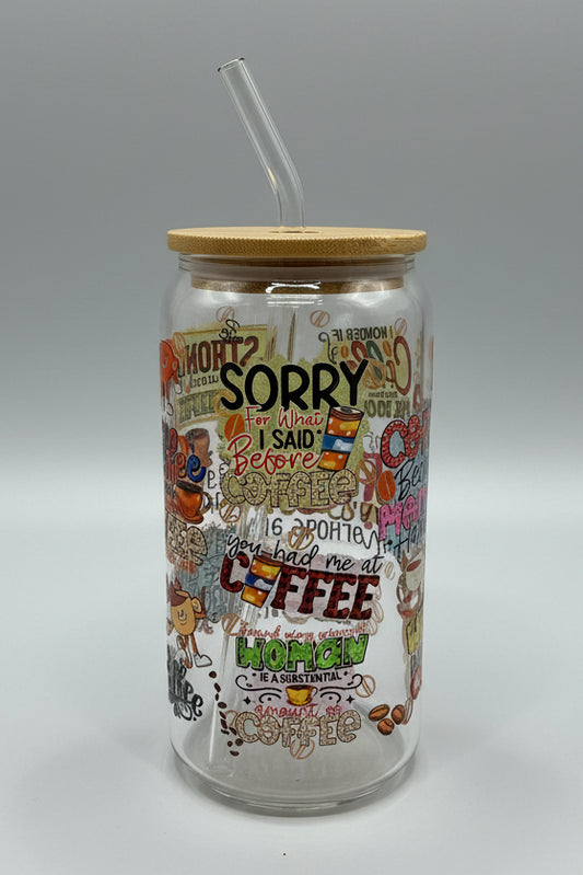 cup with colorful sayings about coffee