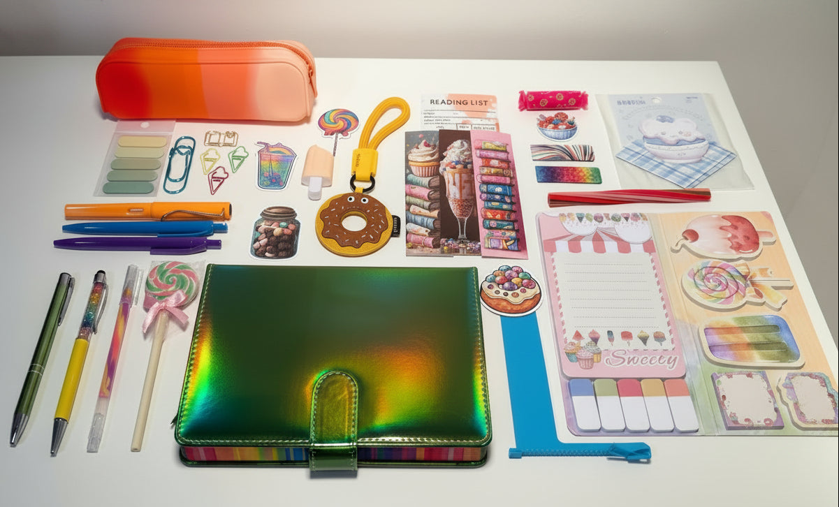Assorted colorful stationery items including pens, notebooks, and decorative stickers on a white surface.