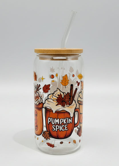 glass can cup with fall images