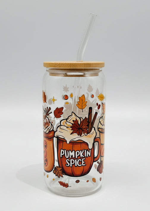 glass can cup with fall images
