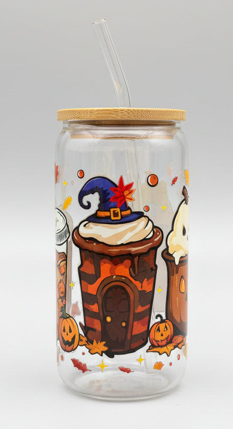 fall Halloween cup with images of coffee cups and pumpkins