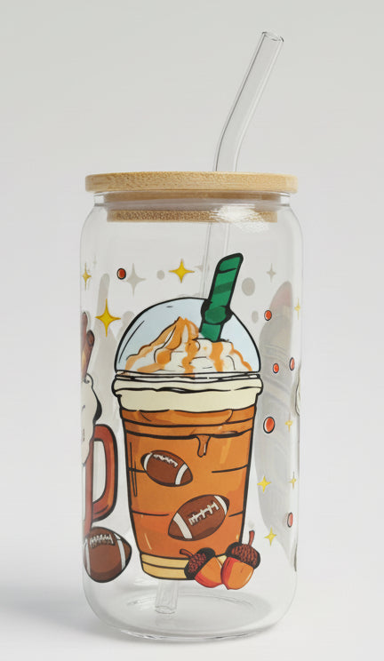 fall football themed cup with coffee, pumpkins