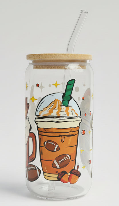 fall football themed cup with coffee, pumpkins