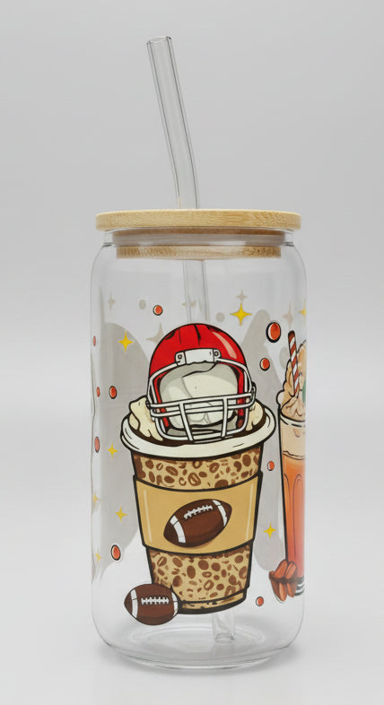 fall themed football cup. coffee cups, football helmet, football, pumpkins