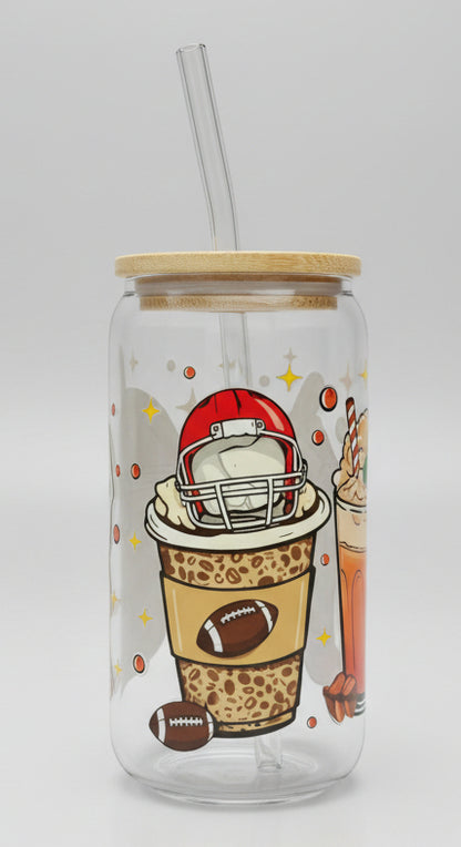 fall themed football cup. coffee cups, football helmet, football, pumpkins