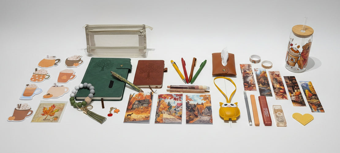 fall inspired stationary with green notebook brown notebook, pens, fall designed glass cup