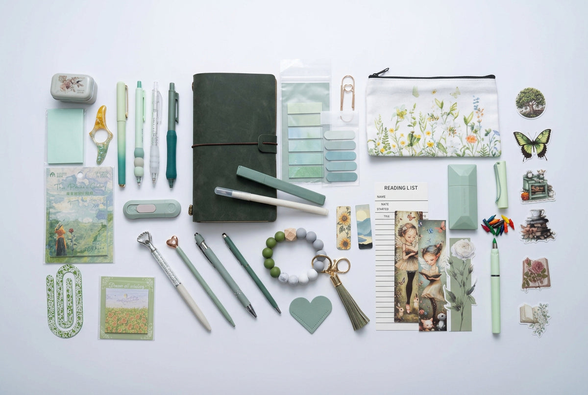 green stationary set with notebook, pens and other stationary essentials