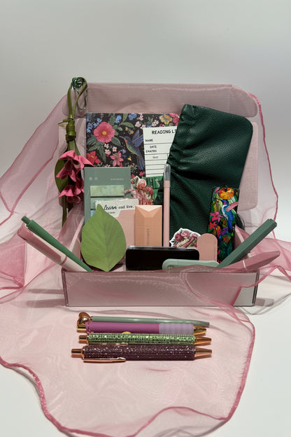 hummingbird journal, pink and green stationary items