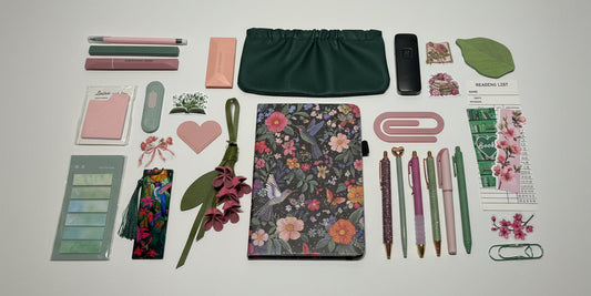 hummingbird journal, pink and green stationary items