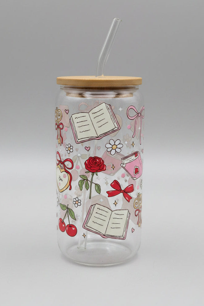 glass can cup with books, cherry, rose, I love you