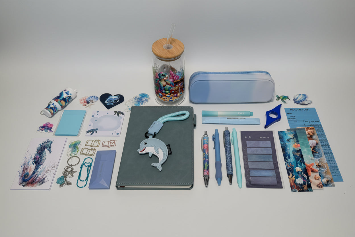 Collection of ocean theme stationery items and a cup  on a table with drawers in the background