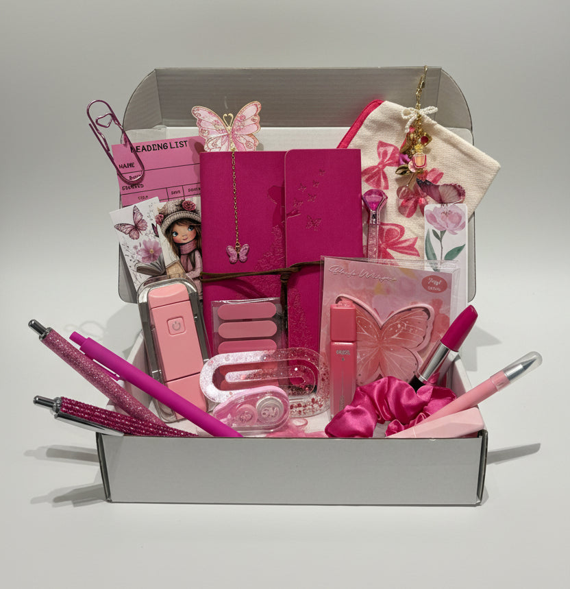 pink aesthetic stationary bundle including journal, pens, bookmarks, booklight, bag charm and more