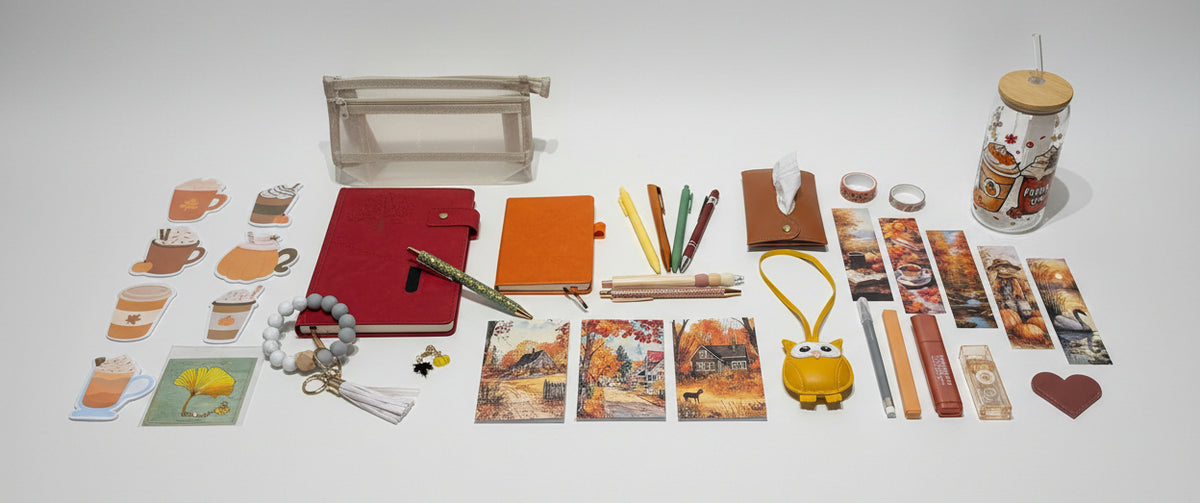fall inspired stationary set with red notebook, orange notebook, glass cup