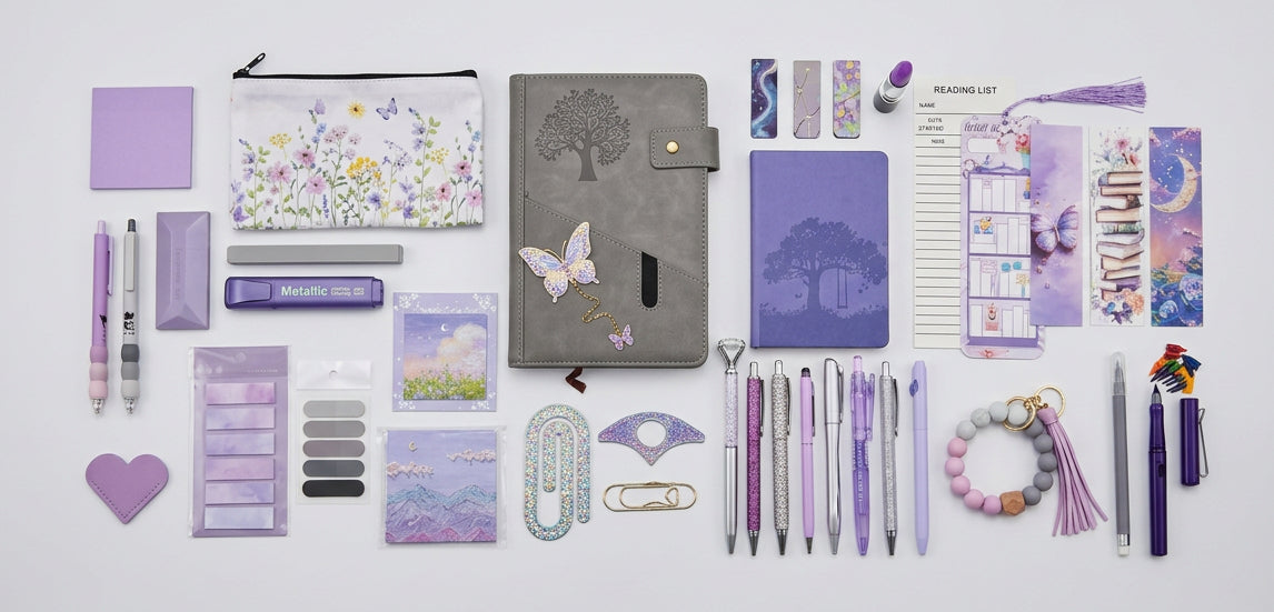 silver and purple stationary set with notebook pens and other stationary essentials